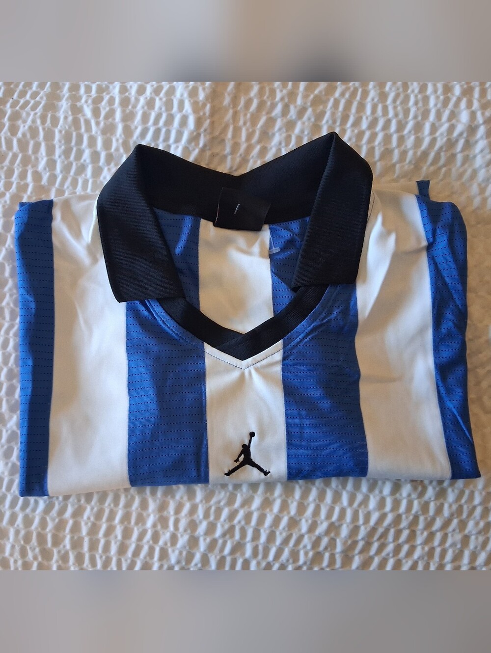 Jordan Blue & White Striped Soccer Top with Black Collar